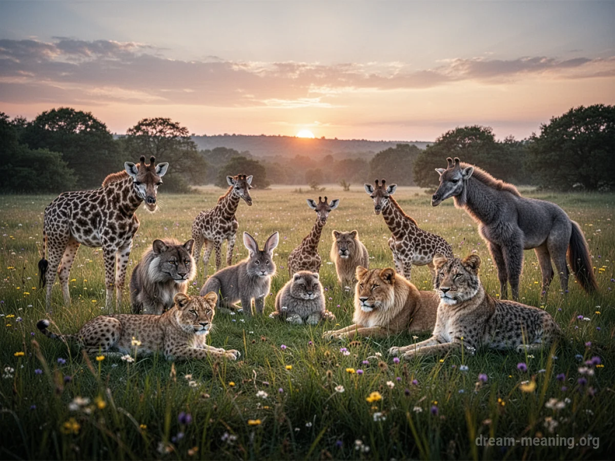 Various wild animals standing together in a field.