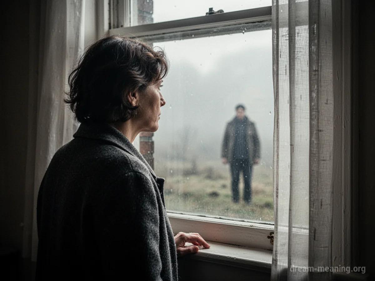 A silhouetted figure looks out a window towards a distant person.