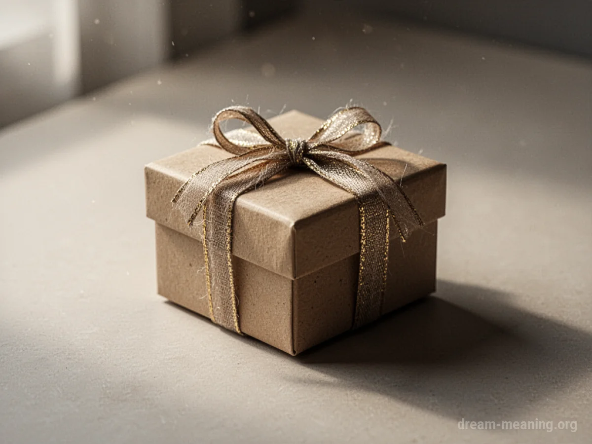 A small, closed gift box with a ribbon.