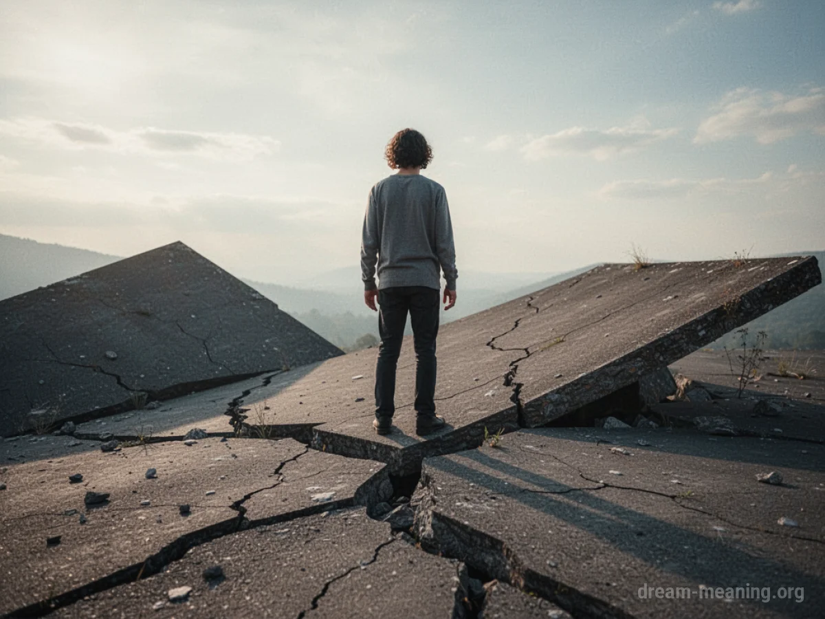 A person standing on a cracked and tilting surface.