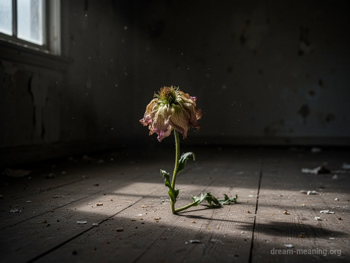 A wilted flower lying on a dark floor.