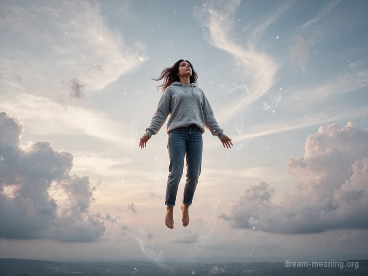 A silhouette of a person floating upwards with their arms outstretched.