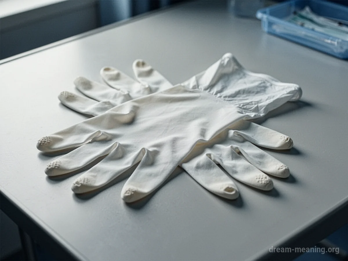 A pair of white surgical gloves laid out on a white surface.