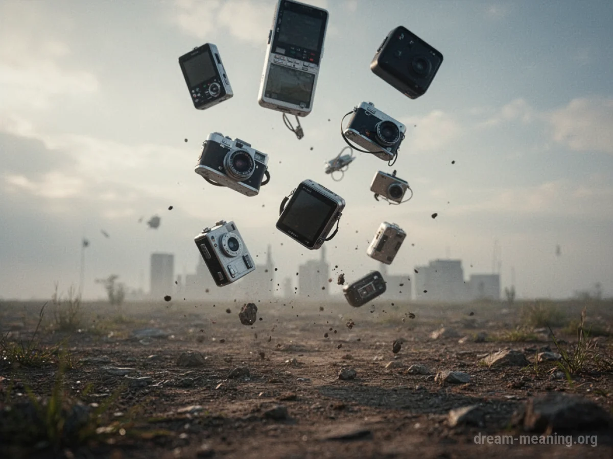 Several objects suspended in the air, moving upwards towards a hazy sky.