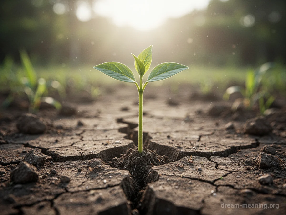 A young plant sprout emerging from dry soil.