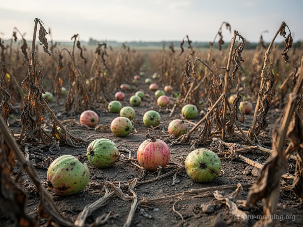 A dry, cracked field with sparse, dead plants and a few fallen, immature fruits.