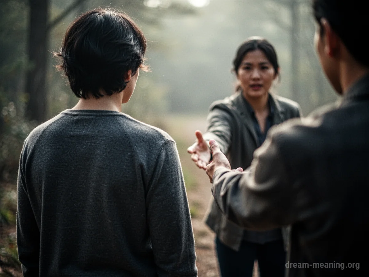 A person's back is visible as another figure approaches with an outstretched hand.