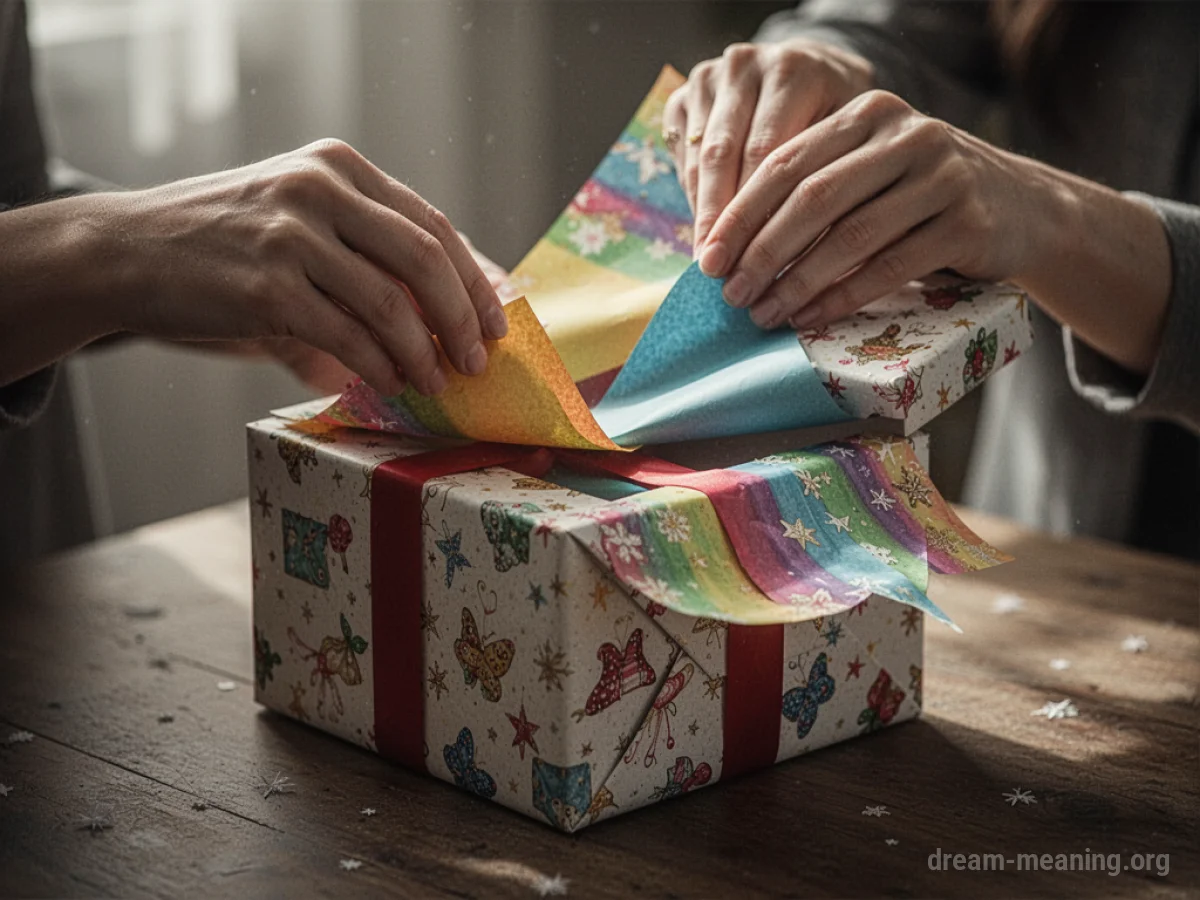 Hands opening a gift box with decorative paper.