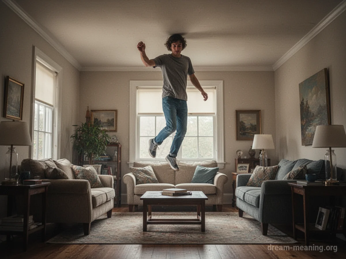 Person walking on a ceiling with furniture on the floor below.