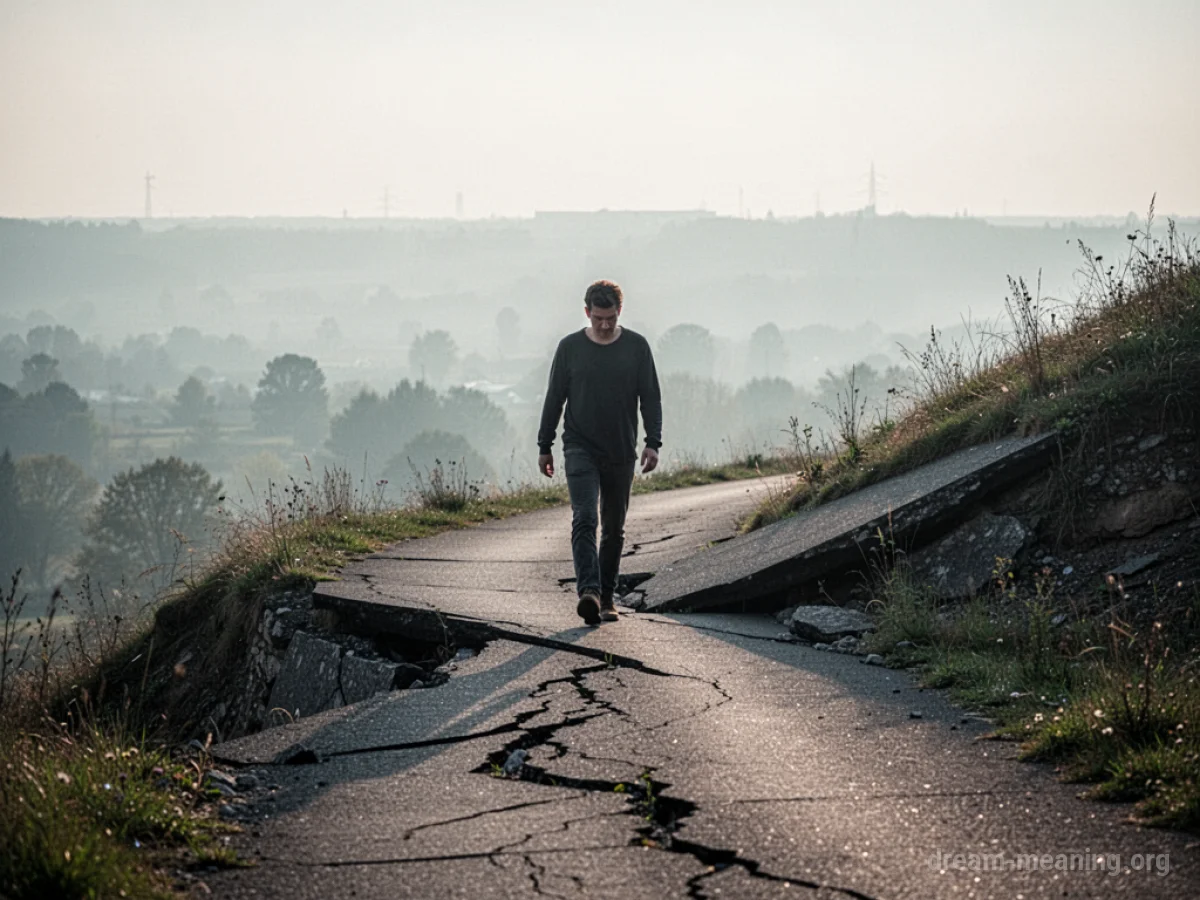 A person's feet stepping on a cracked and uneven path.