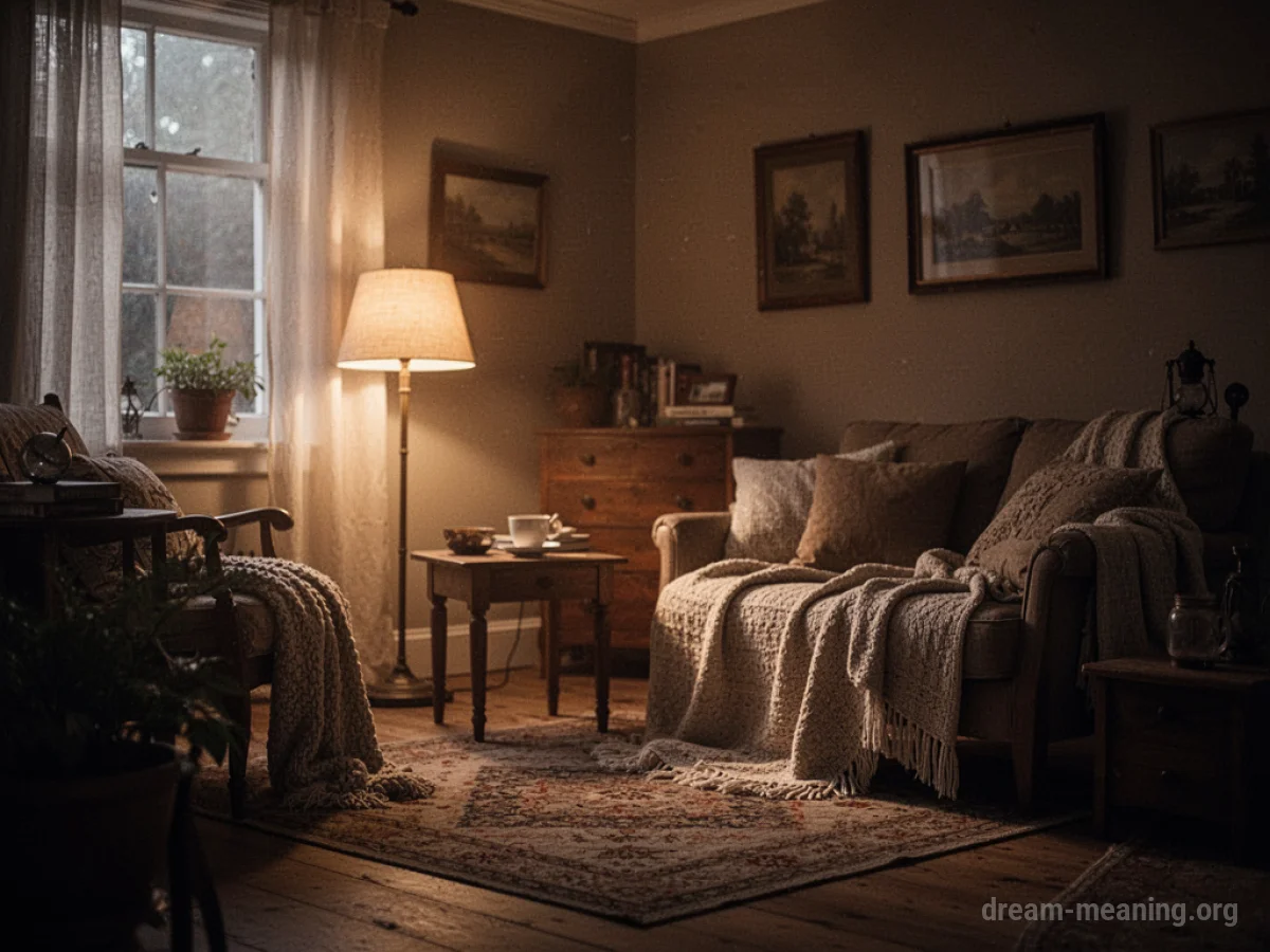 A soft, warm light illuminates a comfortable interior space.