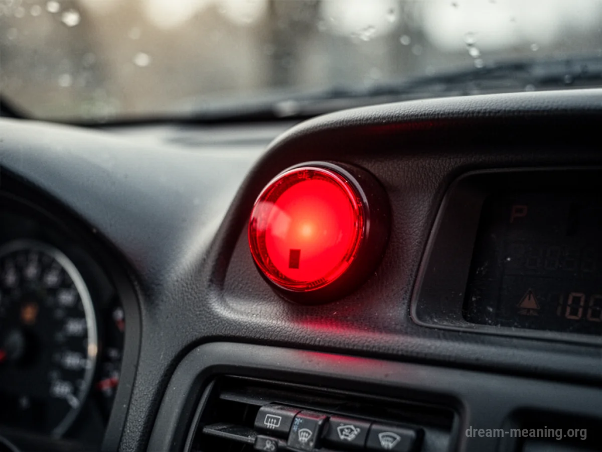A red warning light illuminated on a dark car dashboard.