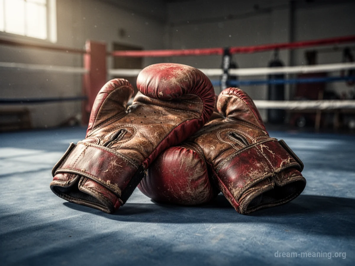Two large leather boxing gloves resting on a red boxing ring floor.