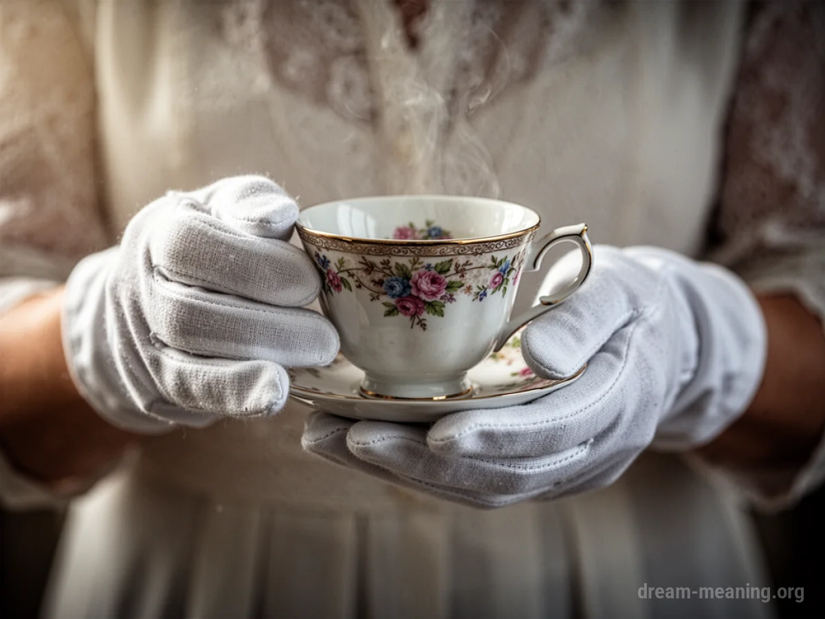 Hands wearing white gloves holding a teacup