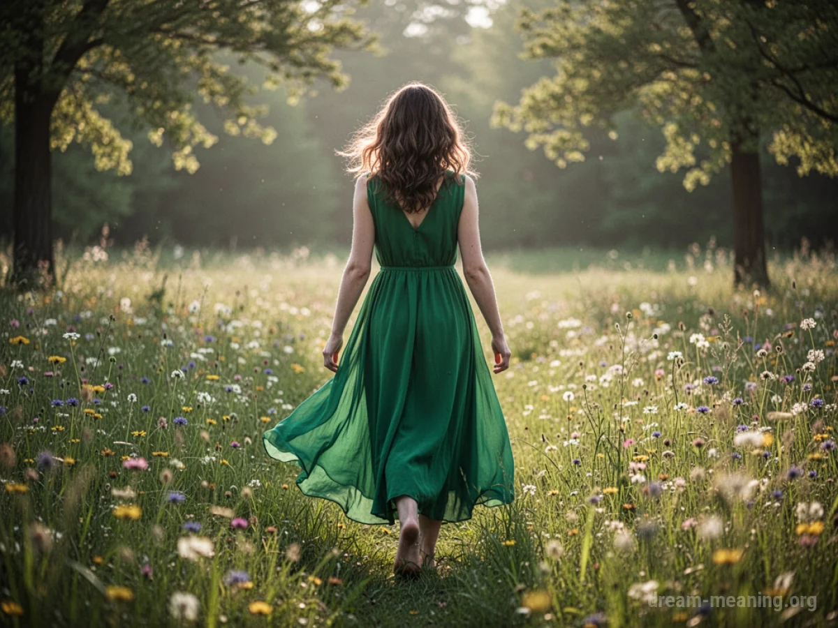 A woman in a green dress walks through a meadow.