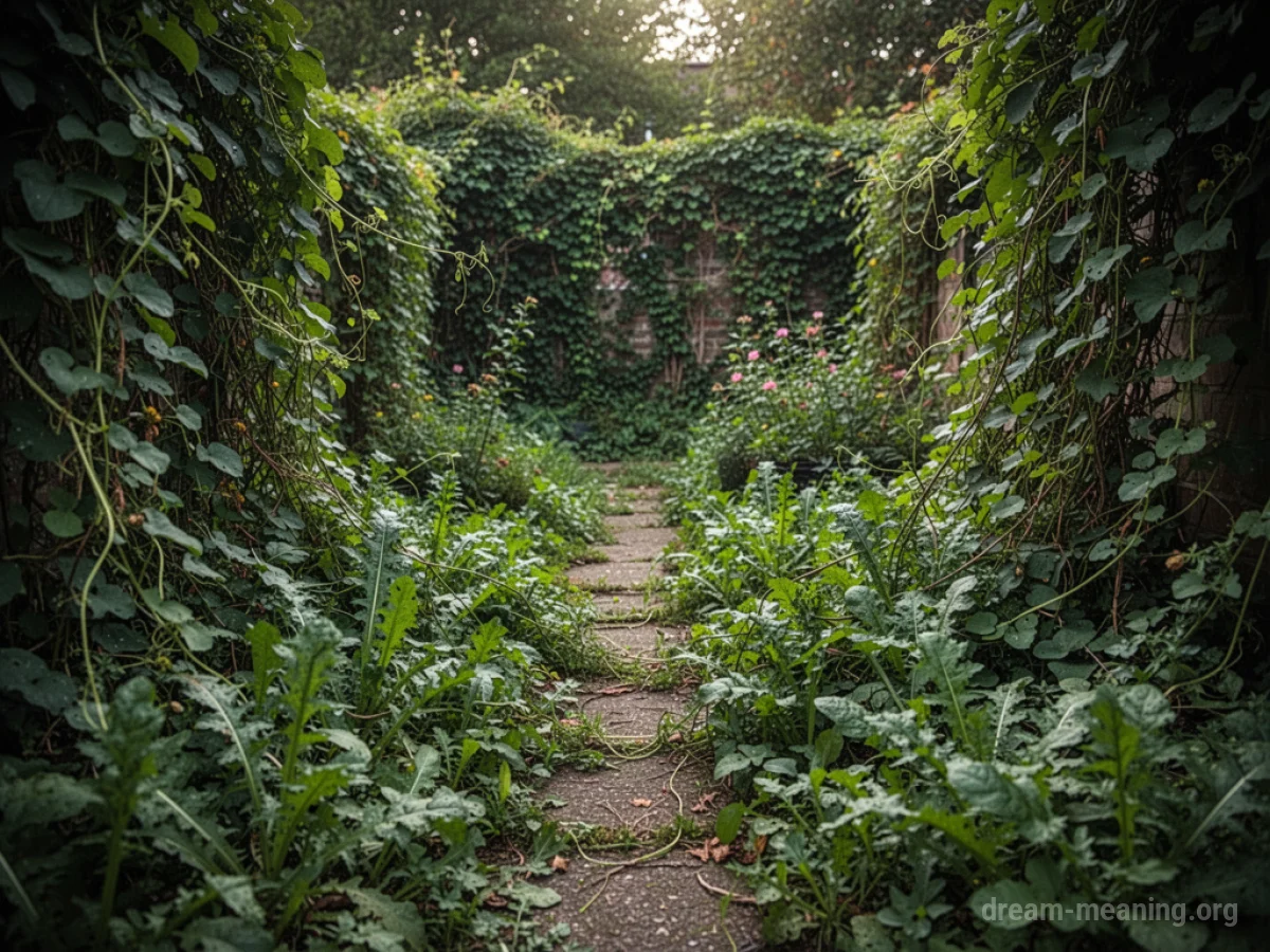 A garden path completely obscured by thick green weeds and vines.