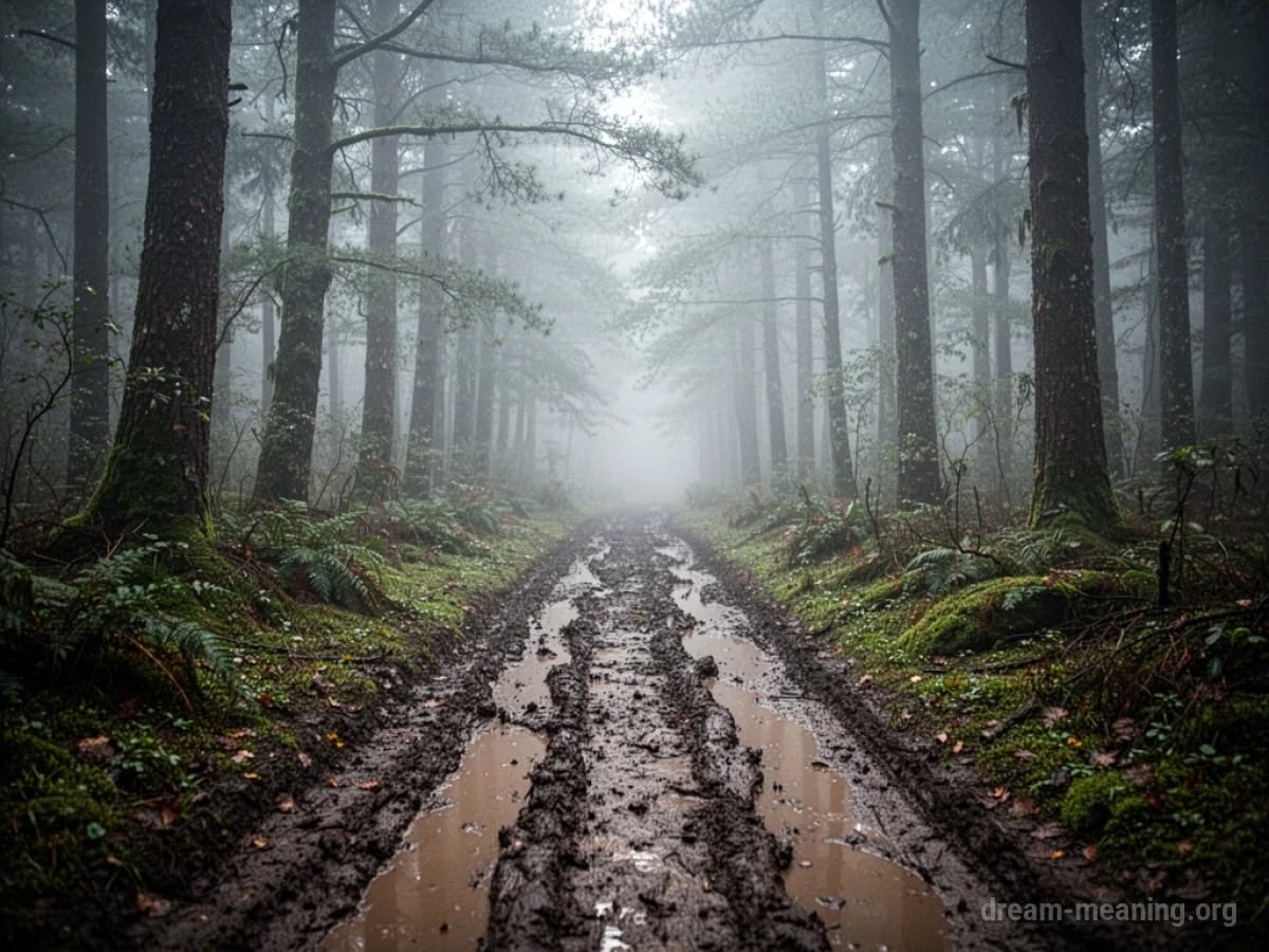 A muddy path disappearing into a foggy forest.