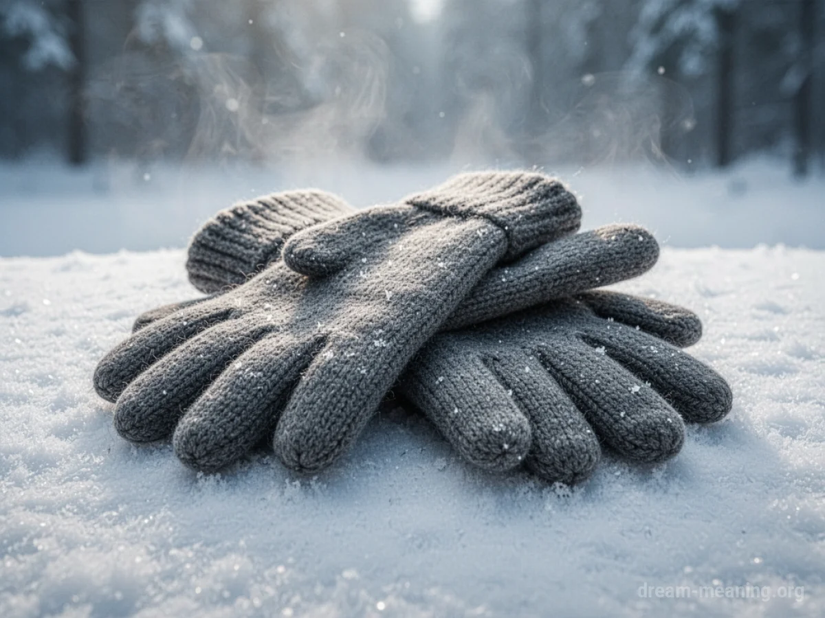 A pair of woolen winter gloves on a snowy surface.