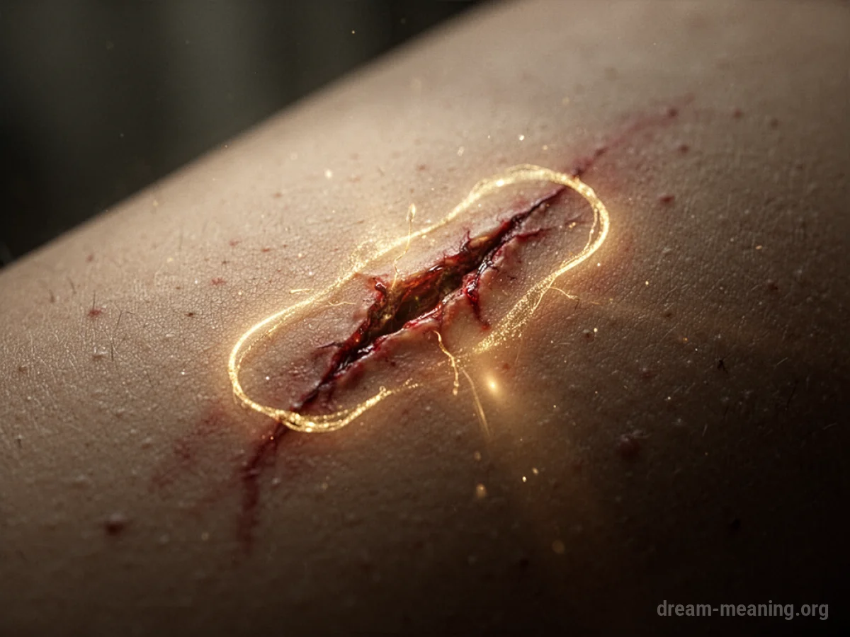 A faint outline of a wound on skin with a soft golden light radiating from it.