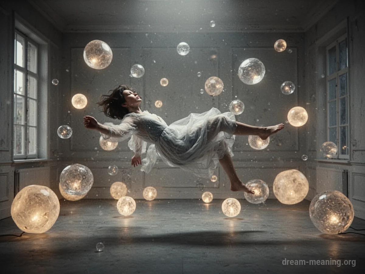 A person floating in a room with objects suspended around them.