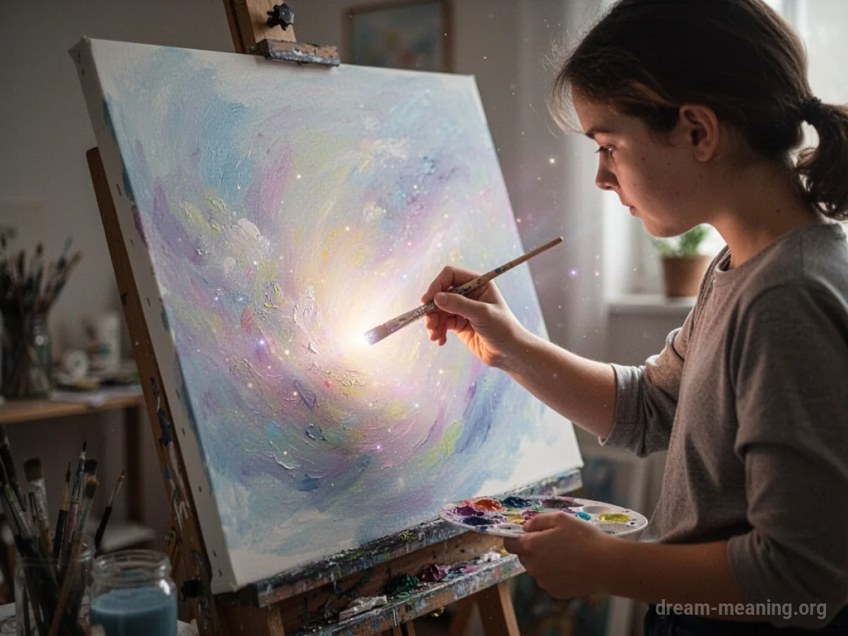 A hand painting a colorful, glowing image on a canvas.