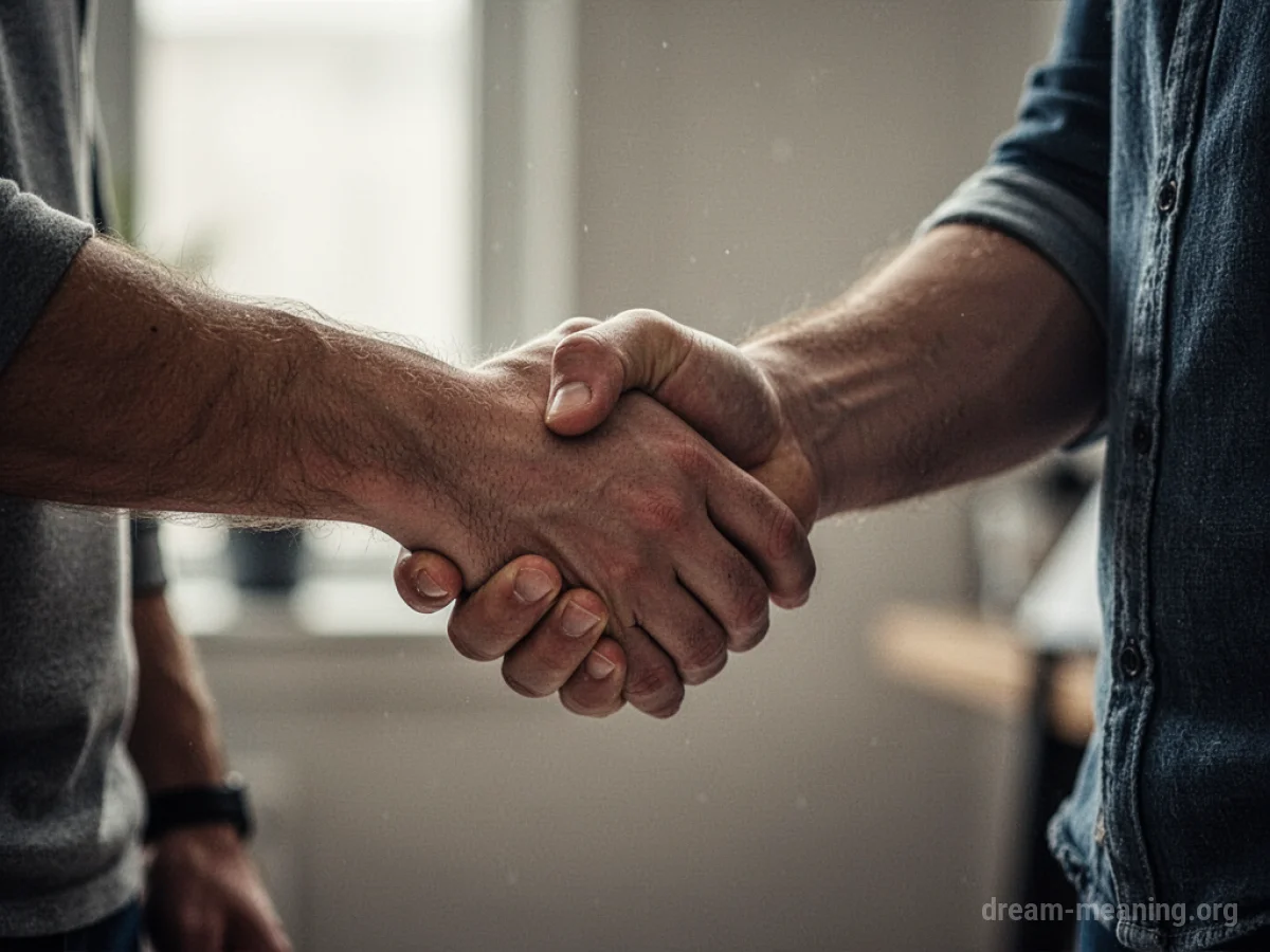 Two people attempting to shake hands with an awkward angle between their hands.