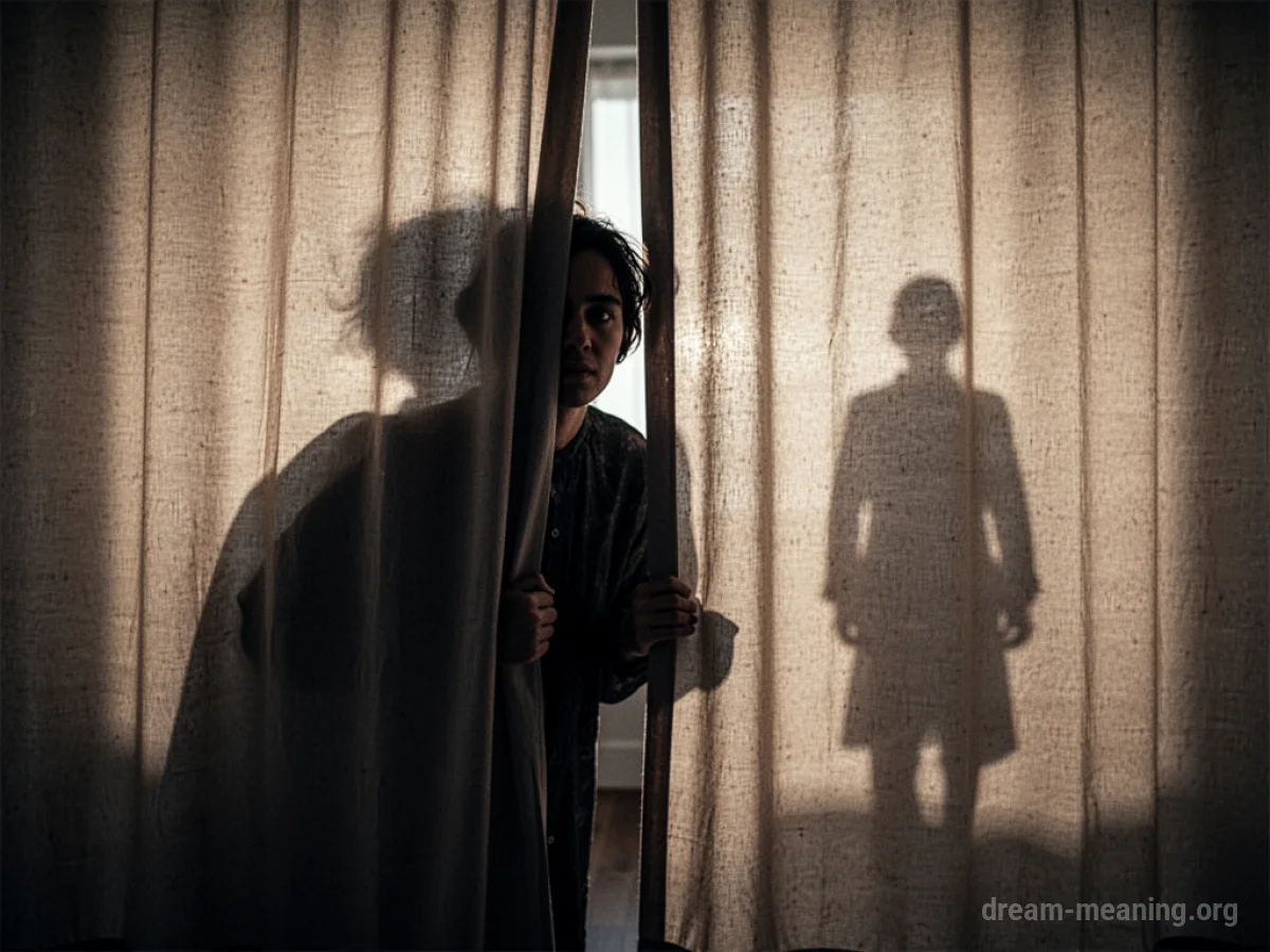 Silhouette of a person peeking from behind a curtain with a shadow in the background.