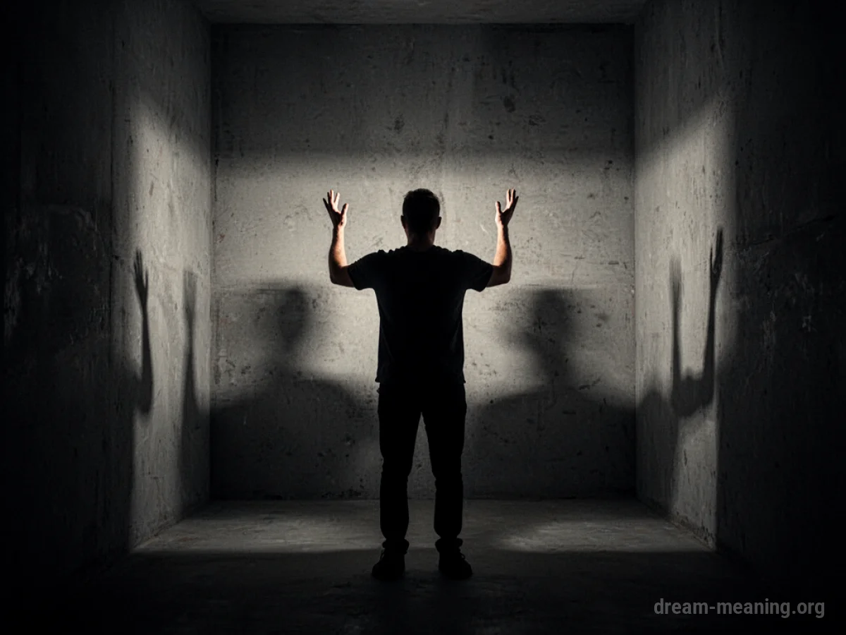 Silhouette of a person with hands up in a dark, confined room.