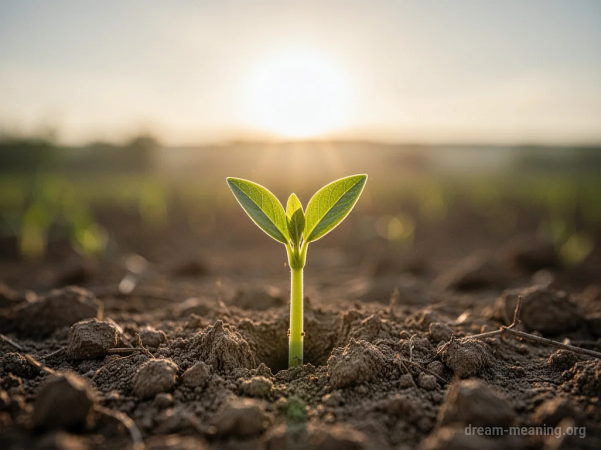 A small green sprout emerging from cracked soil, reaching towards a glowing sun.