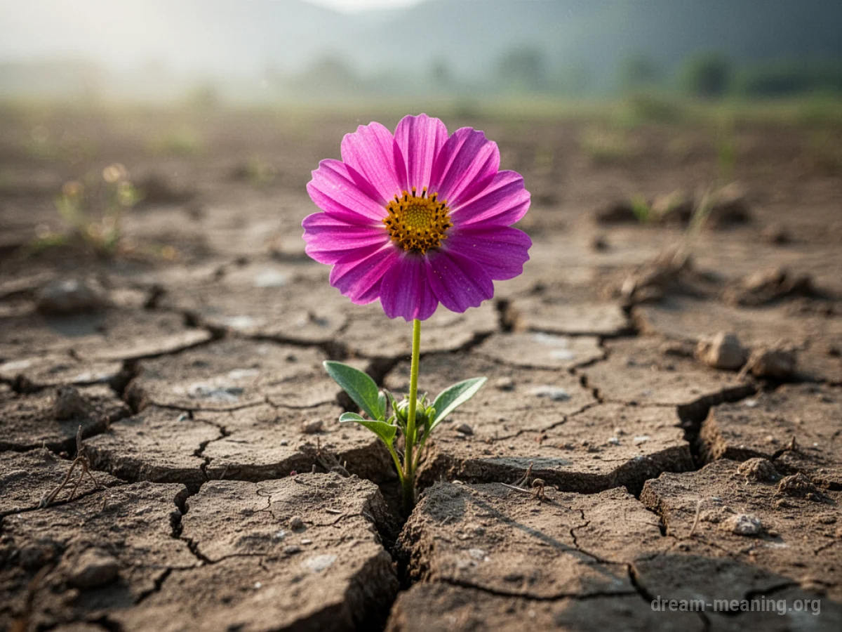 A single flower with bright petals pushing through dry, cracked ground.