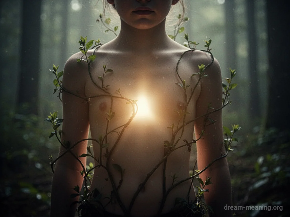 Silhouette of a torso with glowing light and plant tendrils.