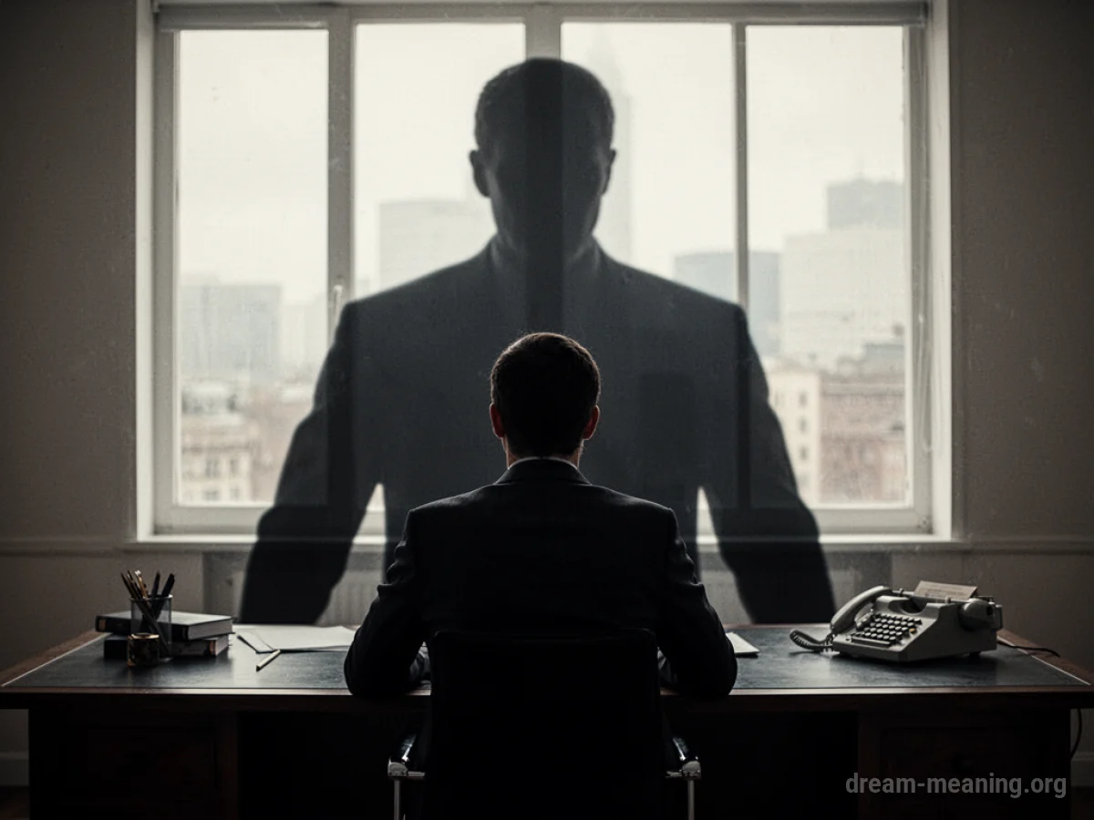 Silhouette of an employee facing a large shadowy figure behind a desk.