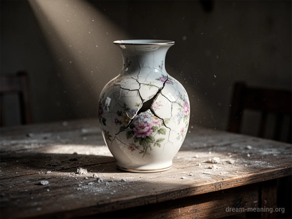 A cracked porcelain vase on a wooden table.