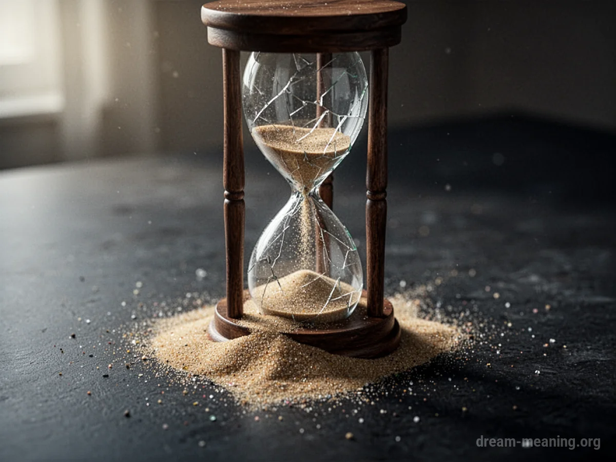 An hourglass with a visibly cracked glass bulb and sand flowing out.