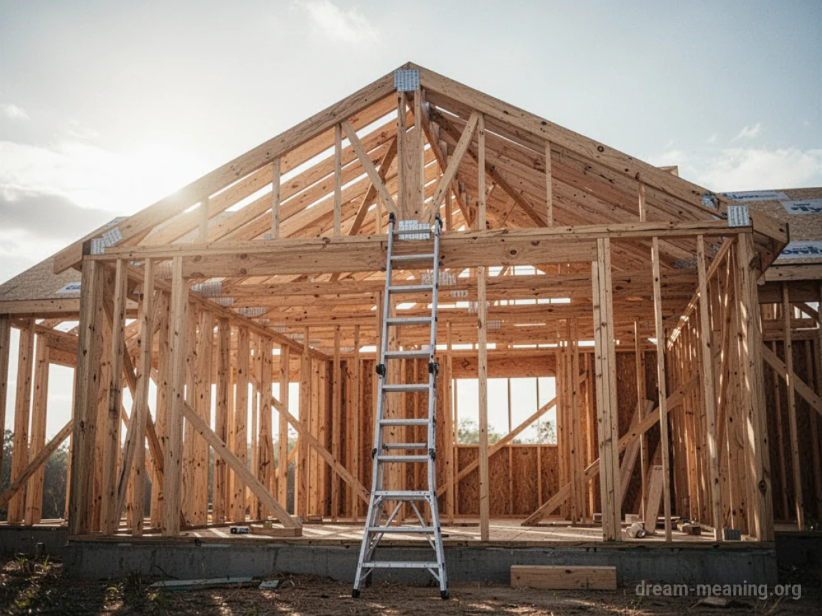 A wooden frame of a house under construction against a clear blue sky.