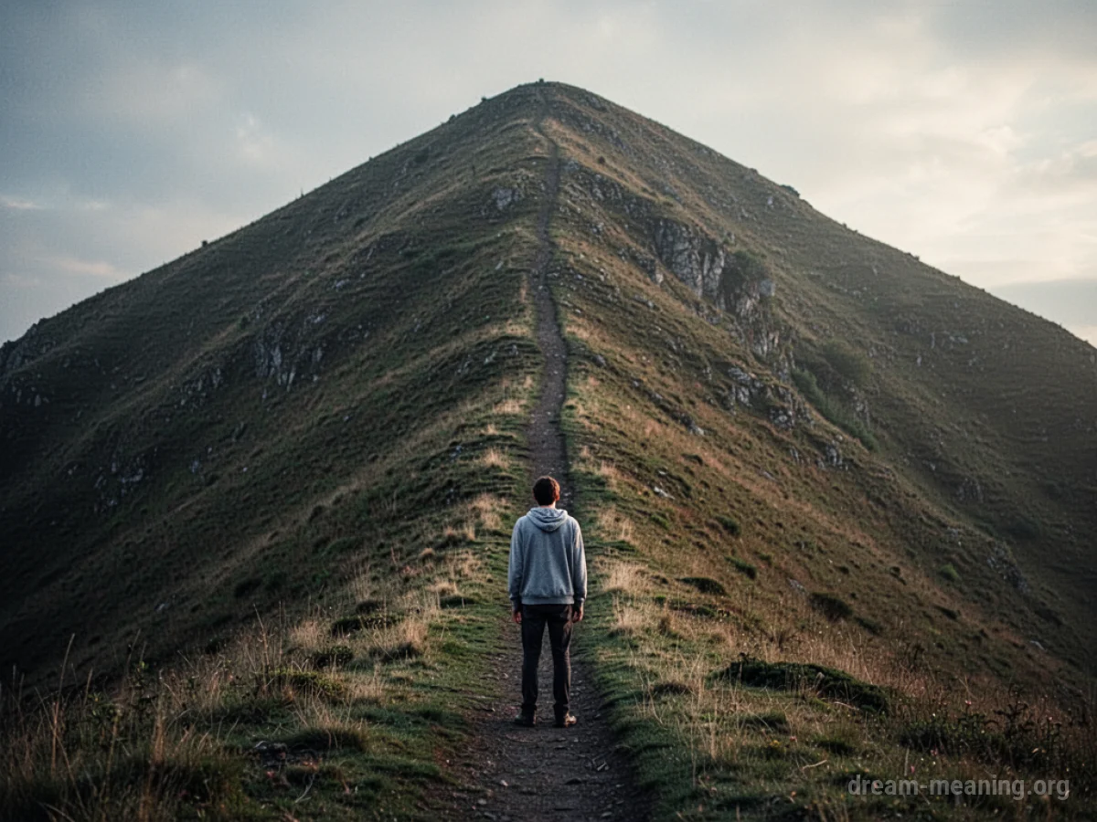 A person stands at the bottom of a very steep hill, looking up.