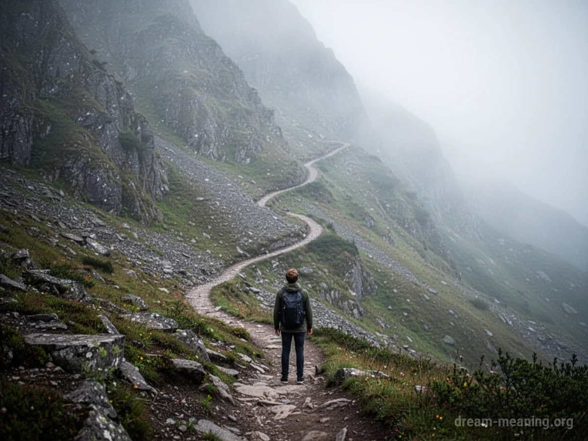 A person at the bottom of a steep mountain trail looking up.