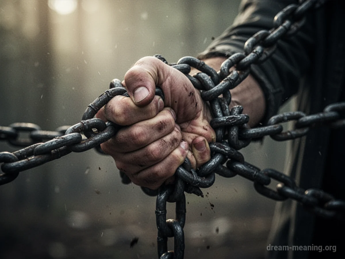 A hand struggling against a heavy chain.