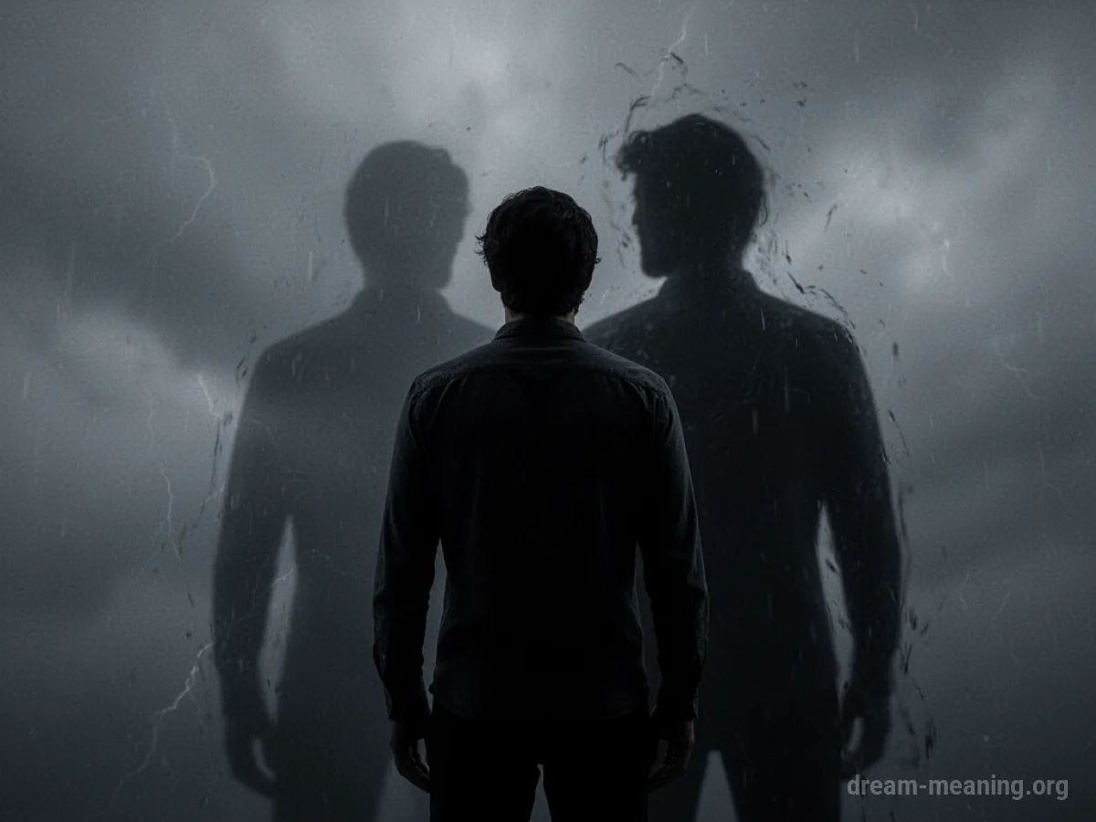 Silhouette of a person facing a dark, shadowy figure.
