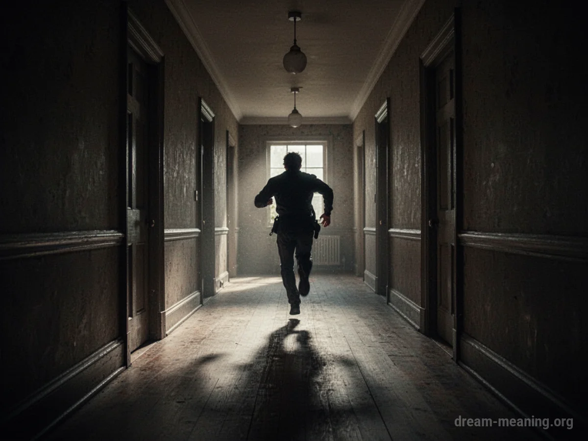 A person running down a long, dark hallway with elongated shadows.
