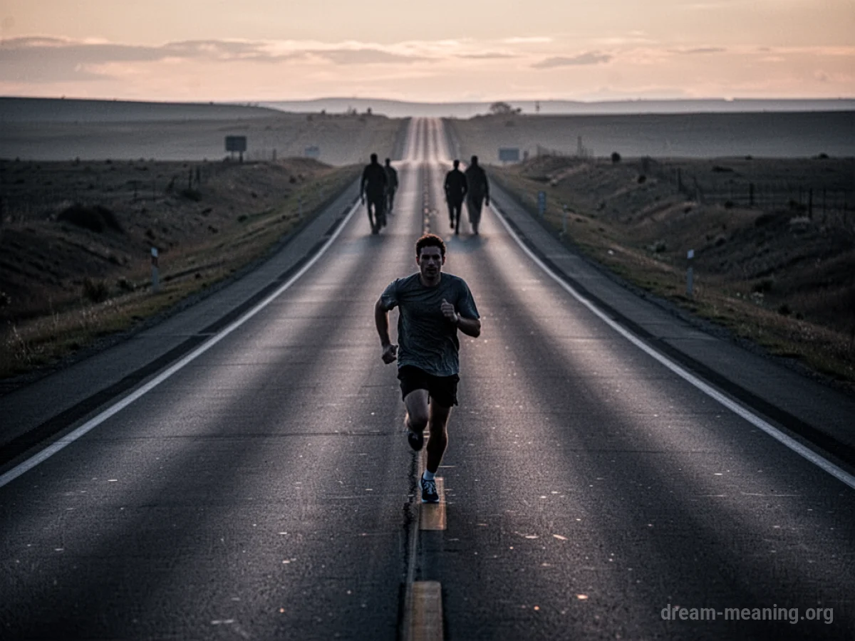 A person running on a highway with distant dark shapes.