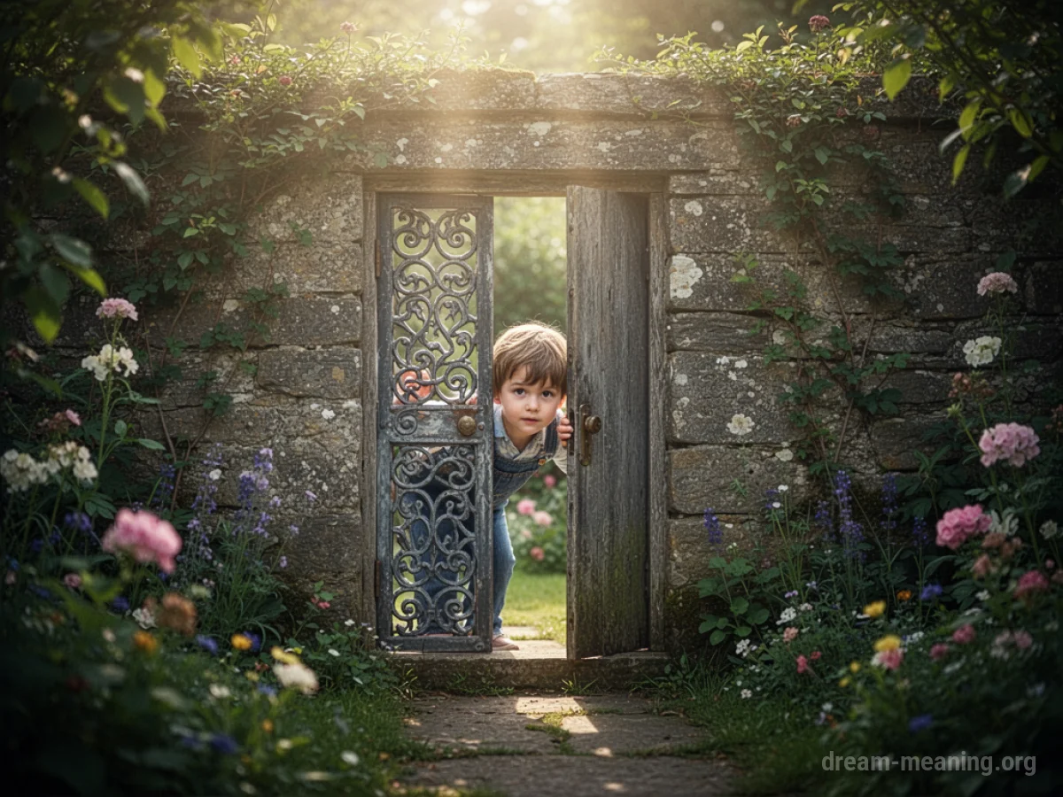 A child's hand reaching towards a small, partially open door in a stone wall.