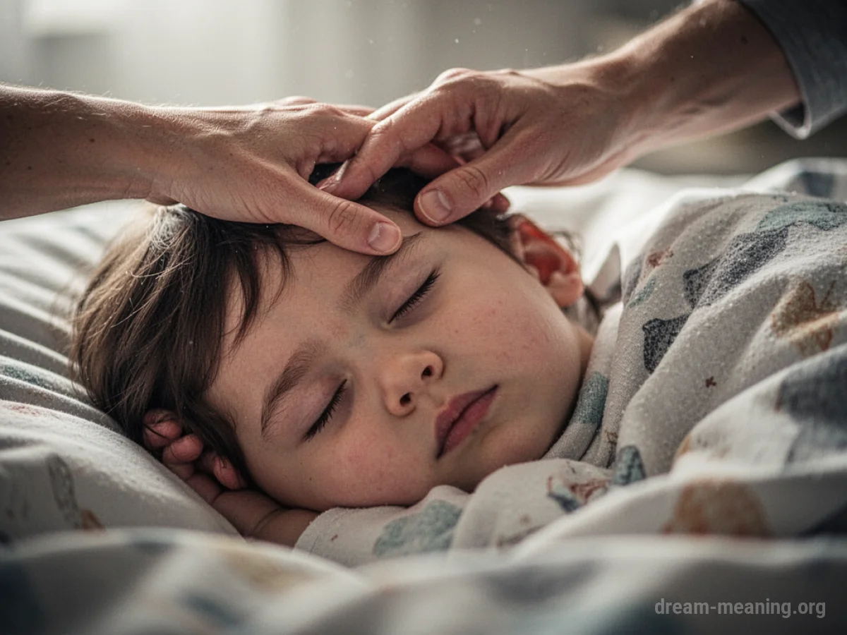 A parent's hand on a child's forehead.