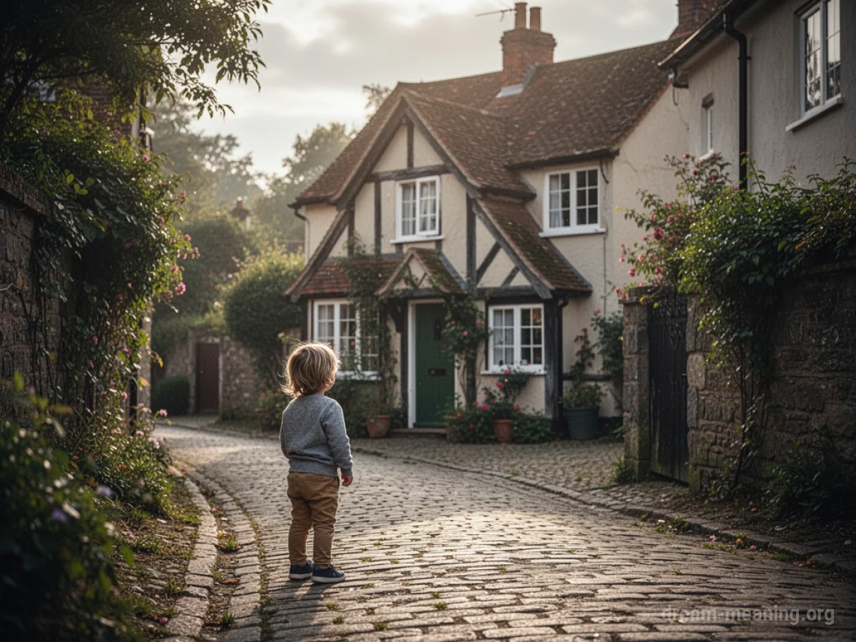 A young child stands in a quiet street looking towards a house.