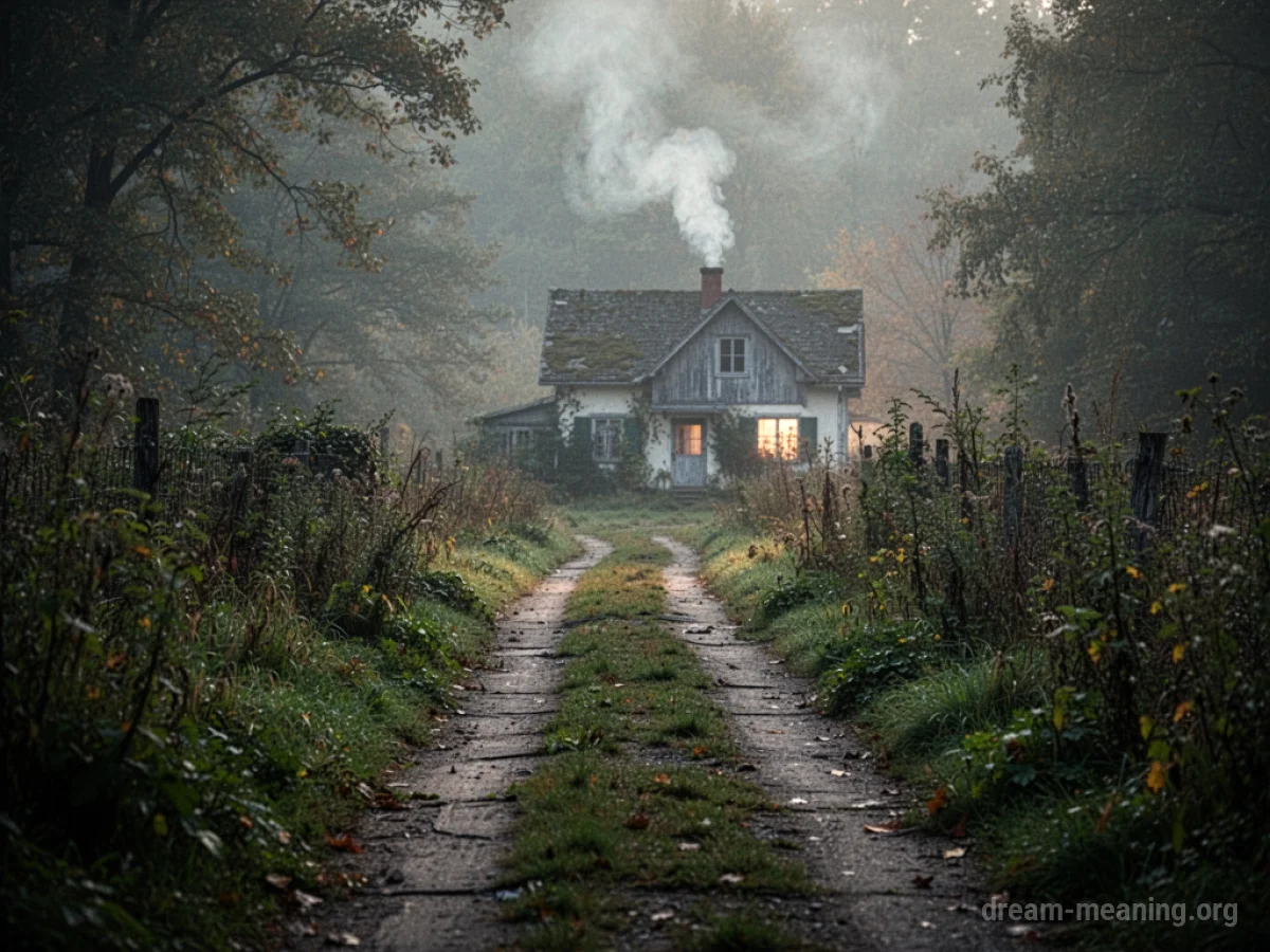 A winding path leading to a small, old house bathed in warm light.