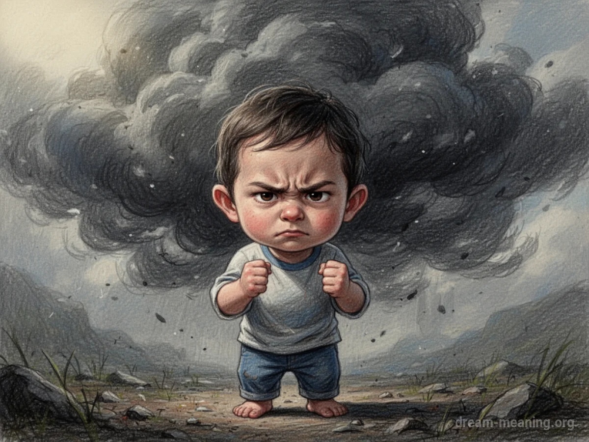 Stylized drawing of a child with an angry expression and a dark cloud behind them.