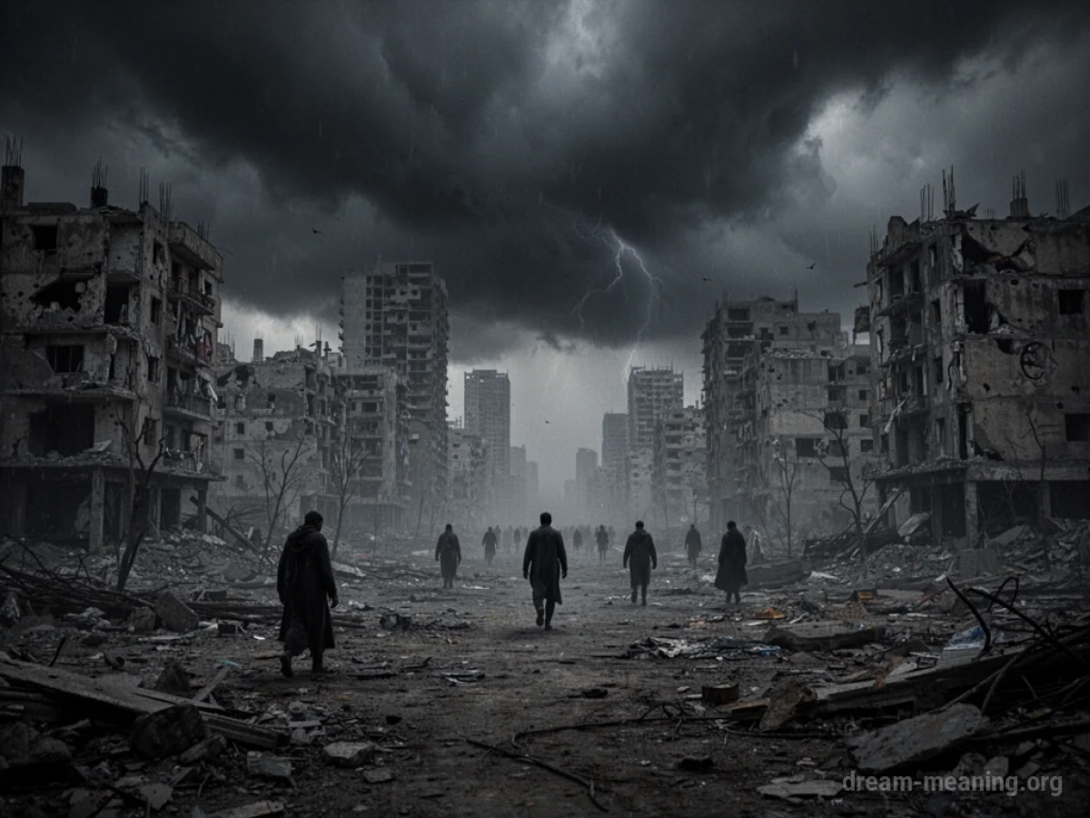 A view of a city with dark clouds overhead and faint silhouettes of people.