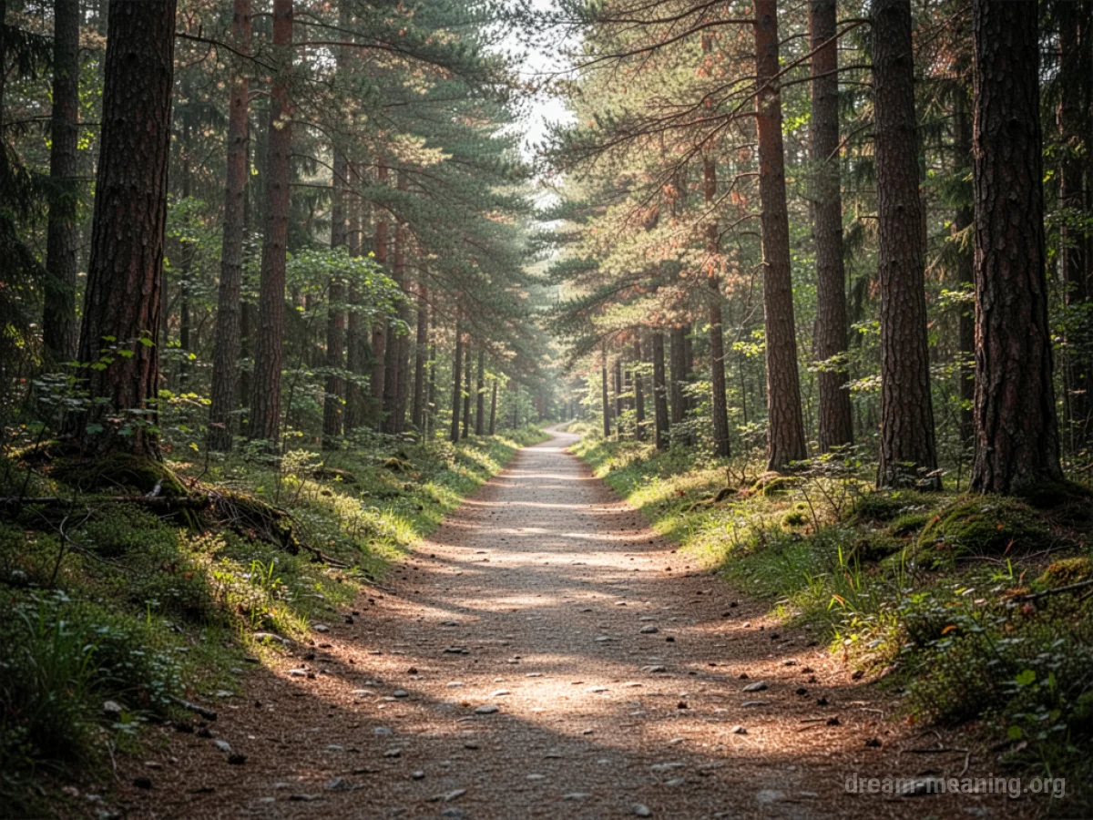 A clear, wide hiking path winding through a forest with sunlight filtering through the trees.