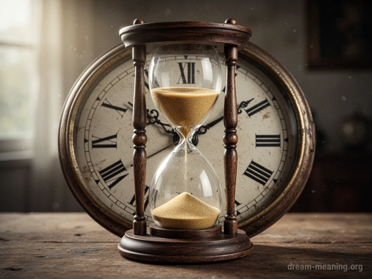 An hourglass with sand falling, overlaid on a clock face.