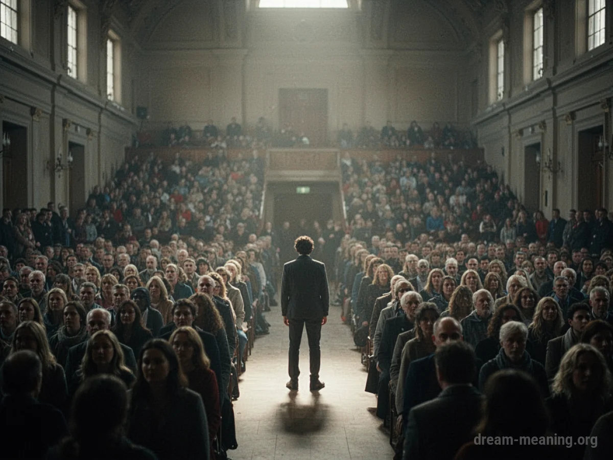 A silhouette of a person standing on the edge of a large, dimly lit hall packed with people.